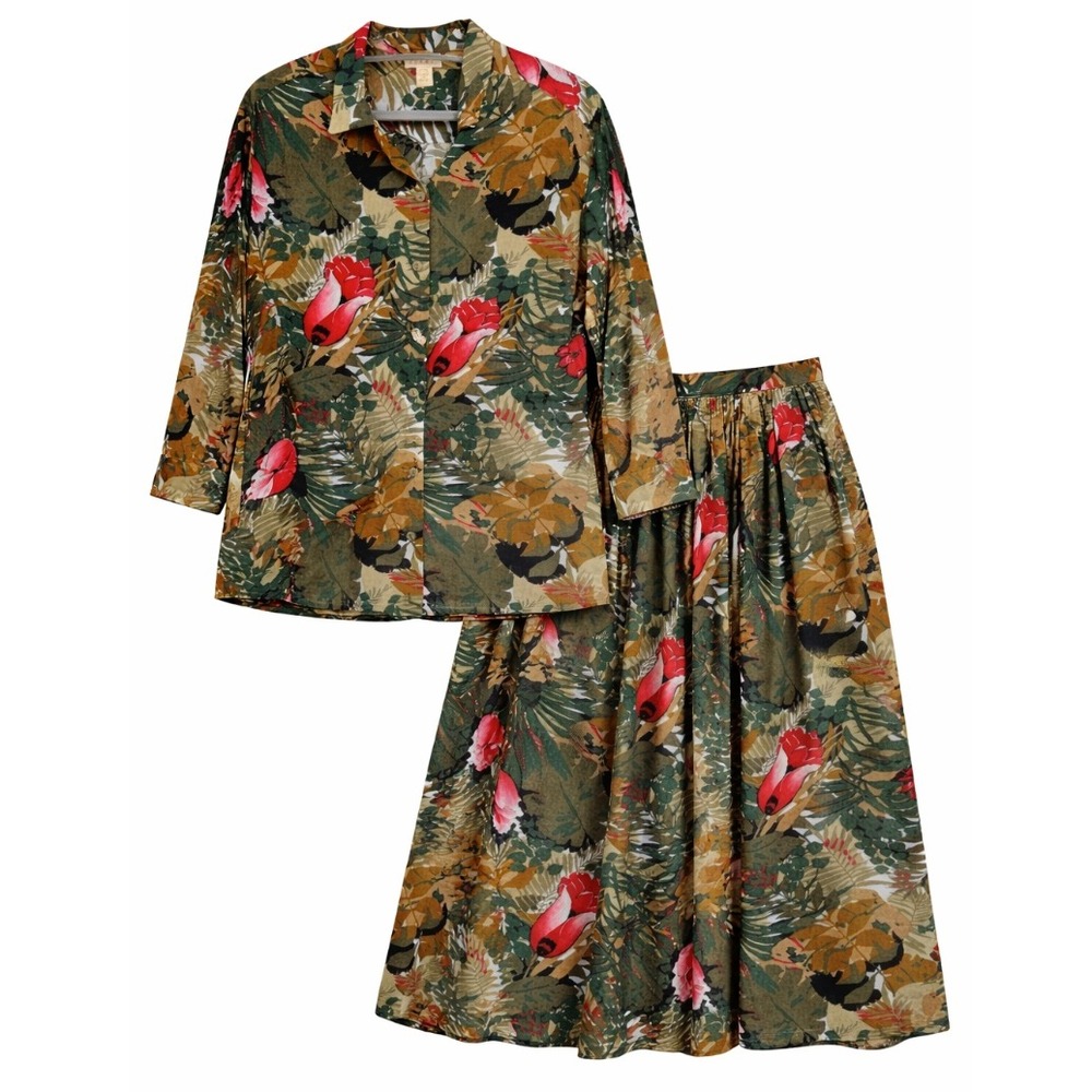 Vintage John Meyer Skirt Set Tropical Pleated Midi Skirt Button Down Shirt Sz 14